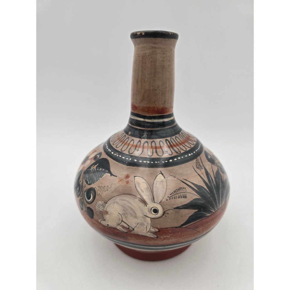 Vintage Tonala Mexico Pottery Vase Burnished Deer Rabbit Folk Art Mid Century - Picture 2 of 14